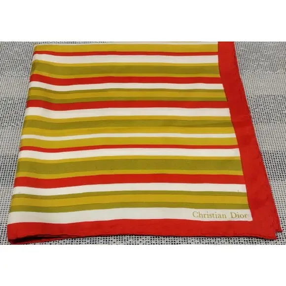 Vintage Dior Silk Scarf Striped Avocado Paris 1960s Designer Mid Century Mod 60s - Picture 10 of 16